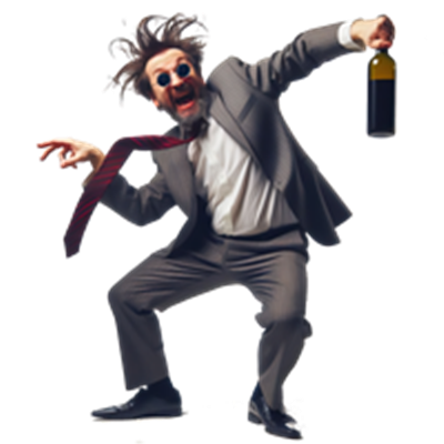 En mand i jakkesæt danser energisk med en vinflaske i hånden.