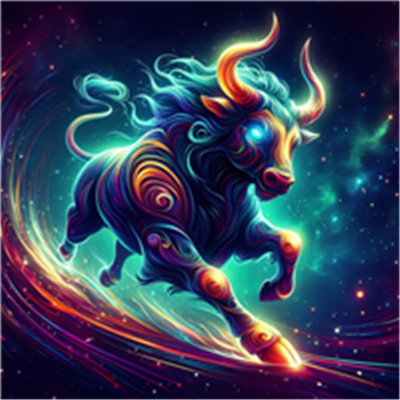 Et farverigt og dynamisk billede af en tyr, der løber gennem et stjernespækket univers.