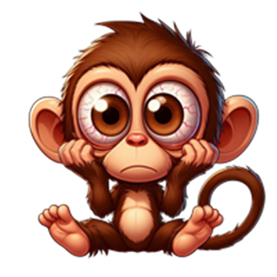 En cartoon-abe med store øjne, der ser trist ud, mens den sidder med hænderne på kinderne.