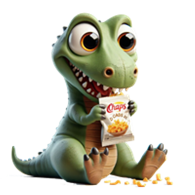 En farverig, cartoon-lignende dinosaur sidder og spiser snacks fra en pose.