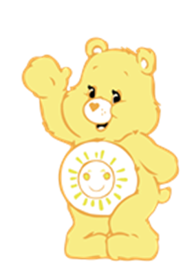 En sød, gul bamse med et solsymbol på maven, der vinker venligt.