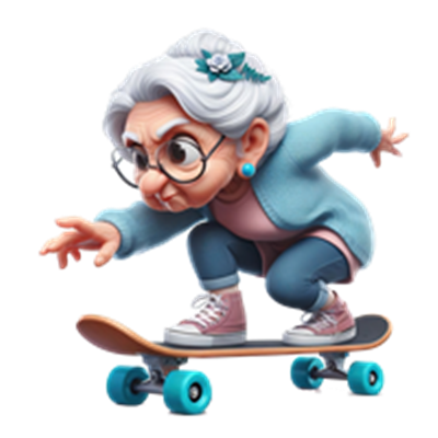 En energisk bedstemor, der skater på en skateboard med et bestemt udtryk.