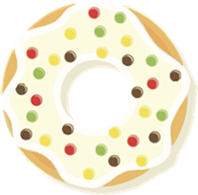 En donut med hvid glasur og farverige slikperler på toppen.