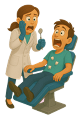 En tandlæge ser chokeret ud, mens en patient ser bange ud i tandlægestolen.