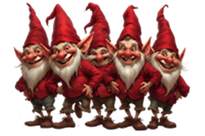 En gruppe af fem glade nisser med røde huer og skæg, der står i en række.
