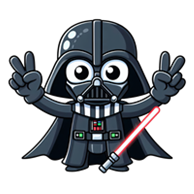 En tegneserieversion af Darth Vader, der laver fredstegn med lysaber.