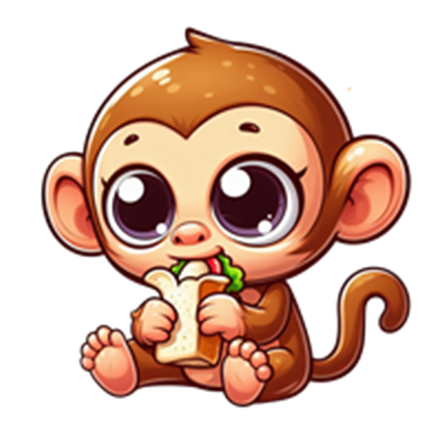 En tegneserieagtig abe sidder og spiser en sandwich med store, udtryksfulde øjne.