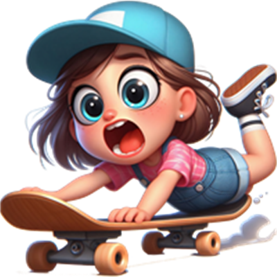 En energisk ung pige, der skater på en skateboard, udtrykker begejstring.