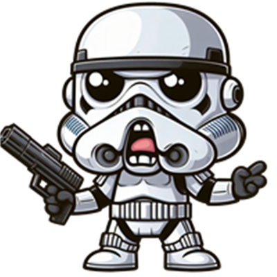 En sød og tegneserieagtig version af en stormtrooper med en pistol.