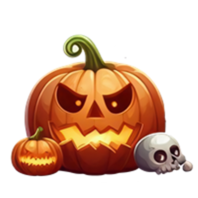 Et billede af en stor græskar med et skræmmende ansigt, små græskar og et kranium.