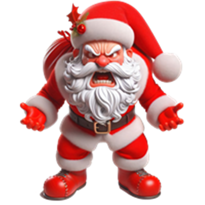 En dramatisk og vred julemand i rød dragt med hvidt skæg og en sæk.