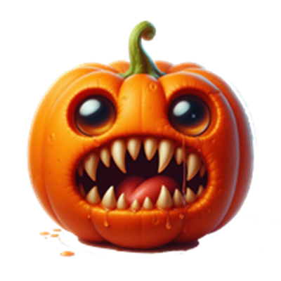 Et farverigt græskar med et skræmmende ansigt, store øjne og skarpe tænder.