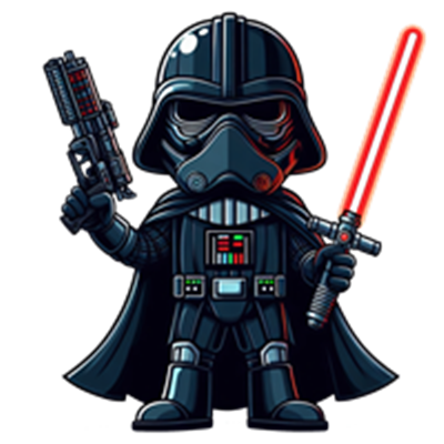 En tegneserieversion af en mørk Jedi med et rødt lyssværd og en blaster.