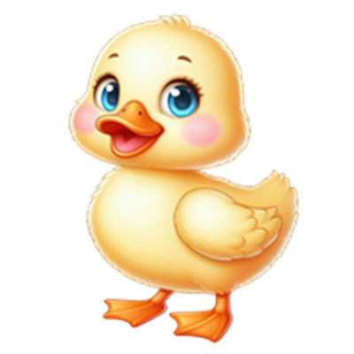 En tegneserieagtig, gul andehvalp med store blå øjne og et glade udtryk.