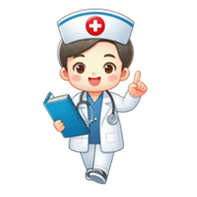 En tegneseriefigur af en sygeplejerske, der holder en bog og smiler.