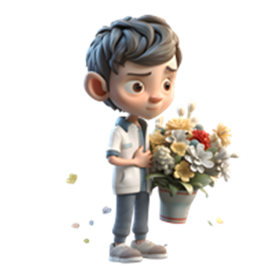 En ung dreng står med en buket blomster og ser eftertænksom ud.