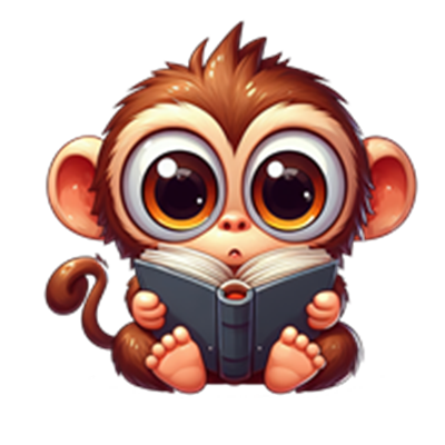 En sød, cartoon-lignende abe med store øjne, der sidder og læser en bog.