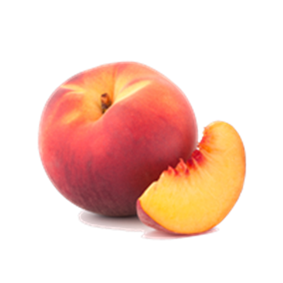 En hel fersken med en skive skåret ud, præsenteret på en sort baggrund.