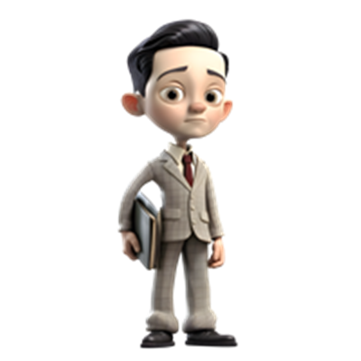 En animeret ung mand i jakkesæt, der holder en mappe og ser eftertænksom ud.