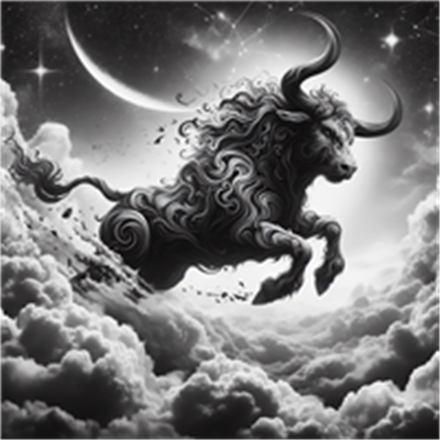 En dramatisk sort-hvid illustration af en tyr, der springer gennem skyer under en måne.