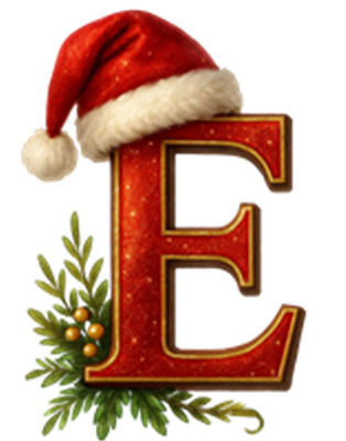 Et stort, rødt bogstav E iført en jule-nissehue og dekoreret med grønne grene og bær.