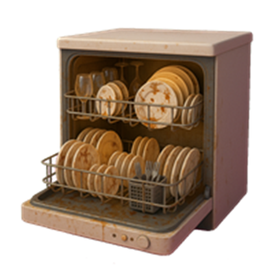 En opvaskemaskine fyldt med beskidte tallerkener og glas, der viser tegn på brug.