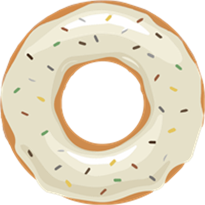 En illustration af en donut med hvid glasur og farverige strøelse.