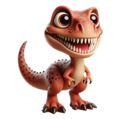 En farverig, tegneserieagtig dinosaur med et stort smil og venlige øjne.