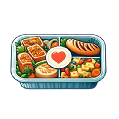 En illustreret madpakke opdelt i sektioner med forskellige retter og en hjerteformet detalje.