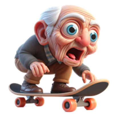 En karikeret ældre mand, der skateboards med et overrasket udtryk.