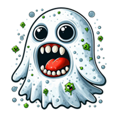 Et farverigt og komisk spøgelse med store øjne og en åben mund, omgivet af små grønne bakterier.