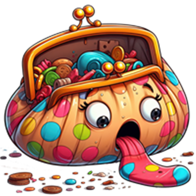 En farverig pung, der ser glad ud, fyldt med slik og småkager, der strømmer ud.