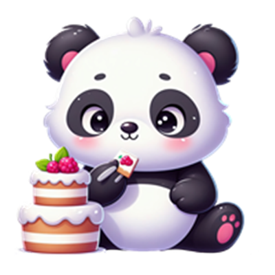 En nuttet panda, der spiser kage med bær, mens den sidder ved en kage.