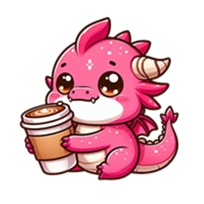 En nuttet pink drage, der holder en kaffekop, med store, glitrende øjne.