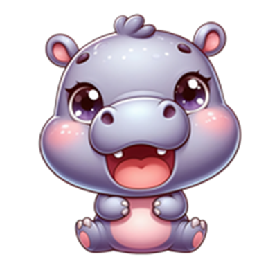 En farverig og sød tegning af en flodhest med store øjne og et stort smil.