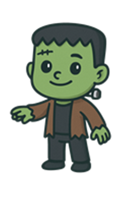 En lille, venlig grøn figur med en brun jakke og et smil, inspireret af klassiske monsterkarakterer.