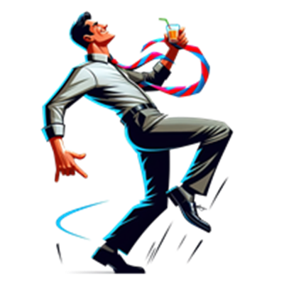 En stiliseret mand i jakkesæt, der danser med en drink i hånden, udstråler glæde.