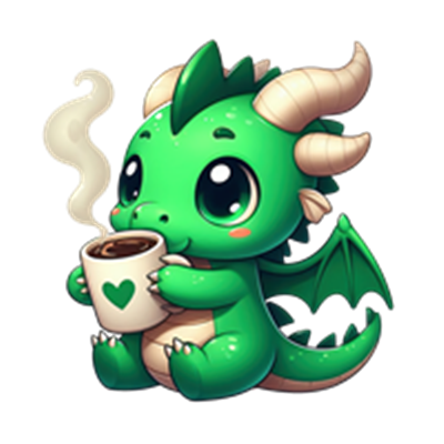 En lille, sød grøn drage sidder og drikker kaffe fra en kop med et hjerte.