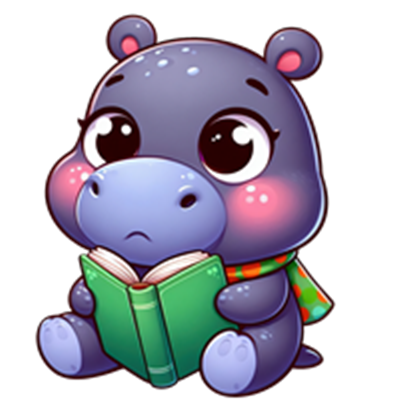 En sød, cartoon-lignende flodhest, der sidder med en bog og ser nysgerrig ud.