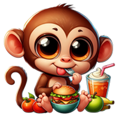 En sød, cartoonagtig abe med store øjne, der spiser en hamburger og drikker en milkshake.