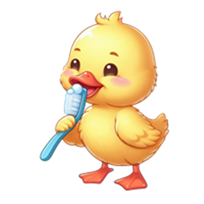 En tegnet, glad and holder en tandbørste og smiler.