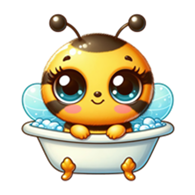 En sød, cartoonagtig bi med store øjne, der sidder i et badekar fyldt med bobler.