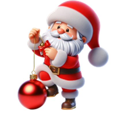 En glad julemand i rød dragt, der hænger en stor rød julekugle op.