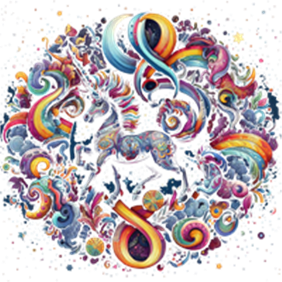 Et detaljeret og farverigt billede af en enhjørning omgivet af regnbuer og fantasifulde elementer.