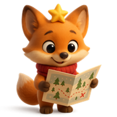 En sød, animeret ræv iført en rød sweater, der holder et kort med juletræer.
