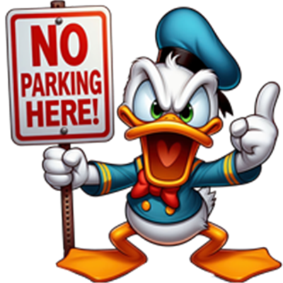 En tegneseriefigur af en and, der holder et skilt med teksten NO PARKING HERE!
