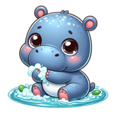 En nuttet blå babyflodhest leger i vandet og sprøjter med skum.