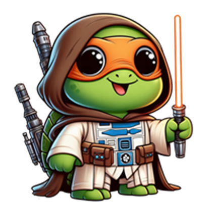 En sød skildpadde iført en Jedi-kappe og holder et lysværd, inspireret af sci-fi.