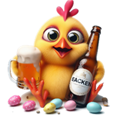 En farverig kylling holder en øl og står blandt påskeæg.