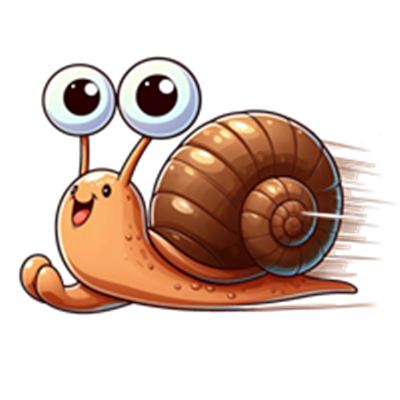 En glad og hurtig snegl med store øjne, der ser ud til at bevæge sig hurtigt.